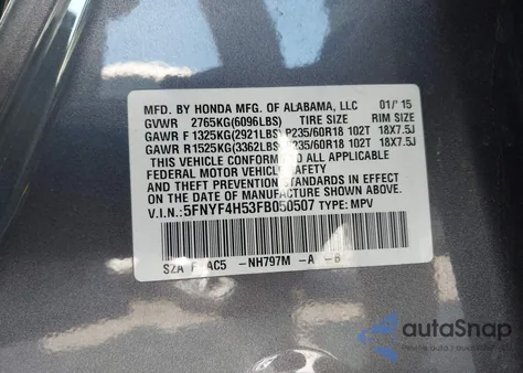 2015 Honda Pilot Ex-L z USA, uszkodzony, nr VIN 5FNYF4H53FB050507